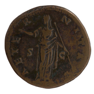 Sestertius, posthumous issue for Faustina the Elder (98–141; Roman empress 138–141). Obverse: Bust