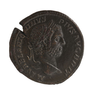Sestertius of Caracalla (188–217; Roman emperor 198–217). Obverse: head of the emperor in a laurel