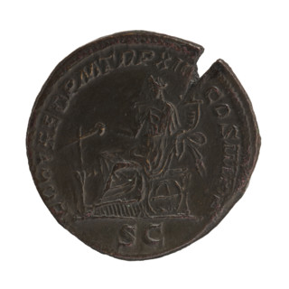Sestertius of Caracalla (reigned 198–217; emperor 188–217). Obverse: head of the emperor in a