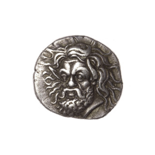 Tetrobol, Pantikapaion; obverse: head of bearded Satyr three-quarters left; reverse: bull's head