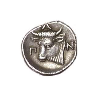 tetrobol, Pantikapaion; obverse: head of bearded Satyr three-quarter left; reverse: bull's head