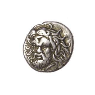 Tetrobol, Pantikapaion; obverse: head of bearded Satyr 3/4 left; reverse: bull's head left, around