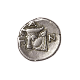 Tetrobol, Pantikapaion; obverse: bearded Satyr's head 3/4 left; reverse: bull's head left, around