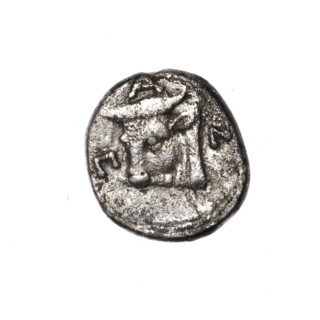 Tetrobol, Pantikapaion; obverse: head of bearded Satyr 3/4 left; reverse: bull's head left, around