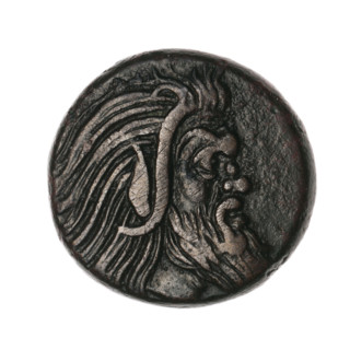Bronze coin, Pantikapaion; obverse: head of a bearded Satyr without a wreath facing right; reverse: