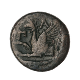 bronze coin, Pantikapaion; obv.: head of a bearded Satyr without a wreath to the right; rev.: