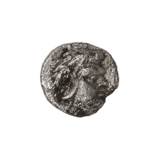 Triobol, Pantikapaion; obverse: head of beardless Satyr to right; reverse: lion with raised forepaw