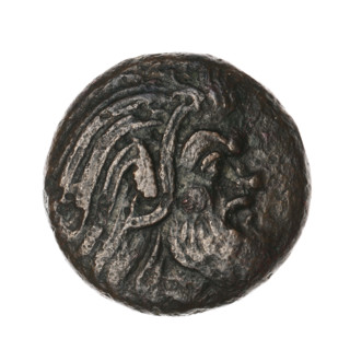 bronze coin, Pantikapaion, protoma of a griffin (iconographic), head of a Satyr (iconographic),