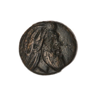 bronze coin, Pantikapaion; obv.: head of a bearded Satyr without a wreath to the right; rev.: