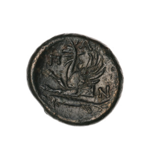 bronze coin, Pantikapaion; obverse: head of a bearded Satyr without a wreath to the right; reverse: