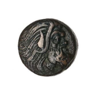 Bronze coin, Pantikapaion; obverse: head of bearded Satyr without wreath facing right; reverse: