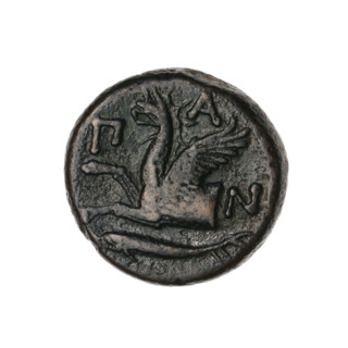 Bronze coin (330–315 BC), Pantikapaion, Cimmerian Bosporus. Obverse: head of bearded Satyr without