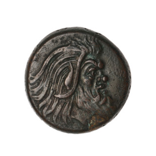 Bronze coin from Pantikapaion (Cimmerian Bosporus), 330–315 BC. Obverse: head of a bearded Satyr