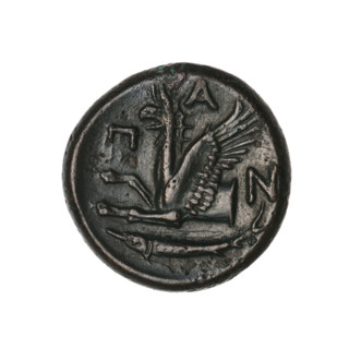 bronze coin, Pantikapaion; protoma of a griffin (iconographic); head of a Satyr (iconographic);