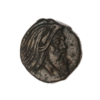 bronze coin, Pantikapaion; protoma of a griffin (iconographic); head of a Satyr (iconographic);