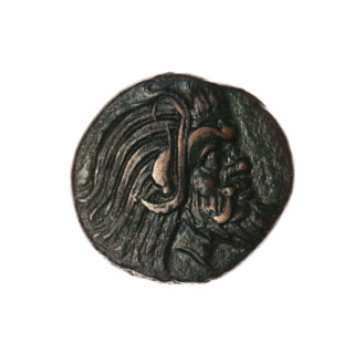 bronze coin, Pantikapaion; protoma of a griffin (iconographic); head of a Satyr (iconographic);