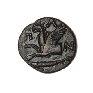 bronze coin, Pantikapaion; obverse: head of a bearded Satyr without a wreath to the right; reverse: