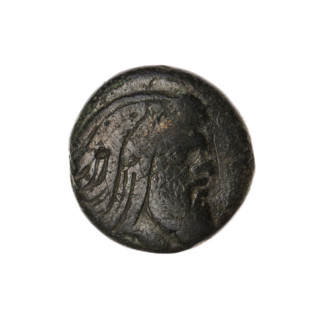 bronze coin, Pantikapaion; protoma of a griffin (iconographic); head of a Satyr (iconographic);