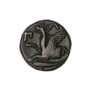 Bronze coin, Pantikapaion; obv.: head of a bearded Satyr without a wreath to the right; rev.: