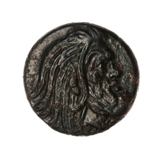 Bronze coin from Pantikapaion, 330–315 BC (Cimmerian Bosporus). Obverse: head of a bearded satyr