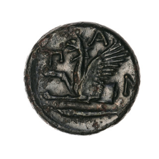 Bronze coin, Pantikapaion; protoma of a griffin (iconographic); head of a Satyr (iconographic);