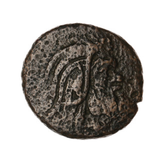 Bronze coin, Pantikapaion; protoma of a griffin (iconographic); head of a Satyr (iconographic);