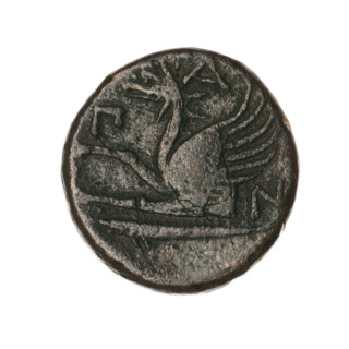 Bronze coin (330–315 BC) from Pantikapaion, Cimmerian Bosporus. Obverse: head of a bearded Satyr