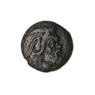 Bronze coin, Pantikapaion; obverse: head of bearded Satyr without wreath facing right; reverse: