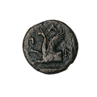 Bronze coin, Pantikapaion; obverse: head of bearded Satyr without wreath facing right; reverse: