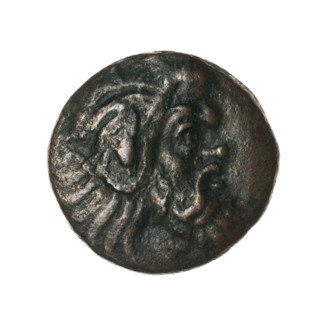 Bronze coin, Pantikapaion; protoma of a griffin (iconographic); head of a Satyr (iconographic);