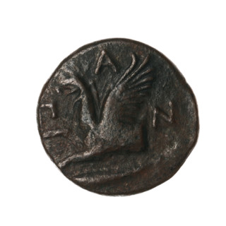 Bronze coin, Pantikapaion, 330–315 BC, Cimmerian Bosporus. Obverse: head of a bearded Satyr without