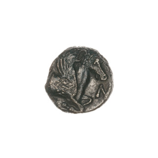 Bronze coin, Pantikapaion; obverse: head of beardless satyr facing right; reverse: protoma of