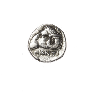 Diobol, Pantikapaion; obverse: head of a bearded Satyr in an ivy wreath facing left; reverse: ram's