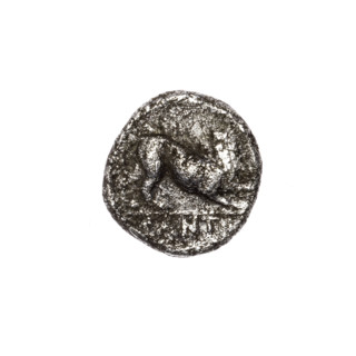 Triobol, Pantikapaion; obverse: head of beardless Satyr in ivy wreath facing right; reverse
