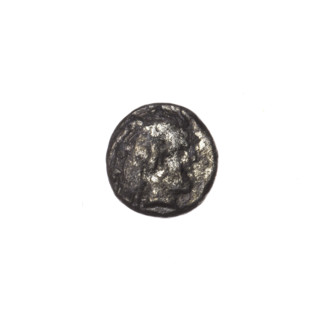 Obol, Pantikapaion; obverse: head of a beardless Satyr in a willow wreath facing right; reverse: