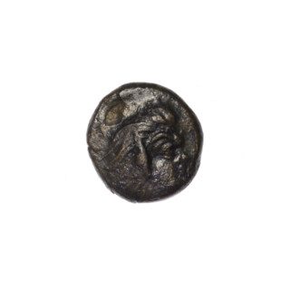 bronze coin, Pantikapaion; obverse: head of a beardless Satyr facing right; reverse: bull's head