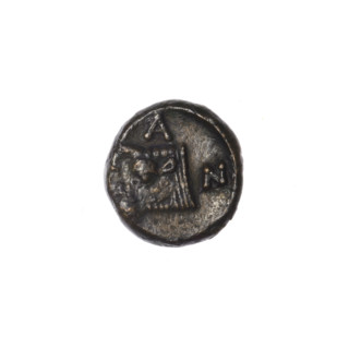 bronze coin, Pantikapaion; obverse: head of a beardless satyr to the right; reverse: bull's head to