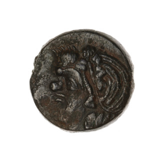 Bronze coin, Pantikapaion; obverse: head of a beardless satyr in an ivy wreath facing left;