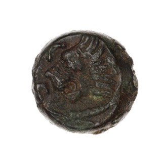 Bronze coin, Pantikapaion; obv.: head of a beardless Satyr in an ivy wreath facing left; rev.: