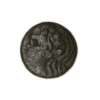 Bronze coin, Pantikapaion; obverse: head of a beardless Satyr in an ivy wreath facing left;