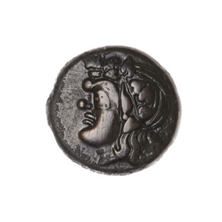 bronze coin, Pantikapaion; obverse: head of a beardless Satyr in an ivy wreath to the left;