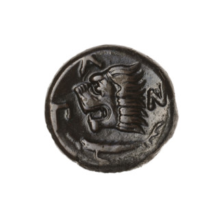 Bronze coin, Pantikapaion; obverse: head of a beardless satyr in an ivy wreath facing left;