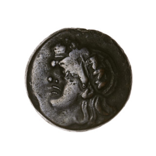 bronze coin, Pantikapaion; obv.: head of a beardless Satyr in an ivy wreath facing left; rev.: lion
