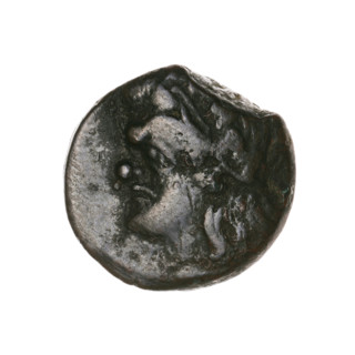 Bronze coin, Pantikapaion, 315–300 BC, Cimmerian Bosporus; obverse: head of a beardless Satyr in an