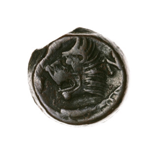 Bronze coin, Pantikapaion, obverse: head of a beardless satyr in an ivy wreath facing left;