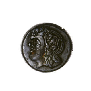 Bronze coin, Pantikapaion; obv.: head of a beardless satyr in an ivy wreath to the left; rev.: