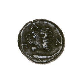 Bronze coin, Pantikapaion; obv.: head of a beardless satyr in an ivy wreath facing left; rev.: