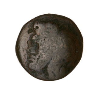 Bronze coin, Pantikapaion; obv.: head of a beardless Satyr in an ivy wreath facing left; rev.: lion