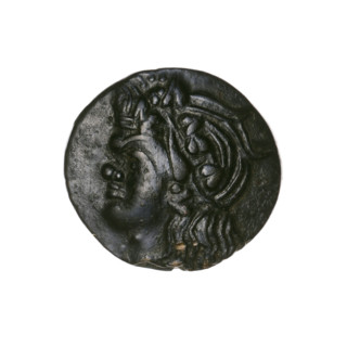 Bronze coin, Pantikapaion; obverse: head of a beardless Satyr in an ivy wreath facing left;