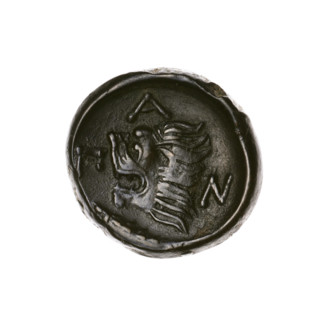 bronze coin, Pantikapaion; obverse: head of a beardless Satyr in an ivy wreath facing left;